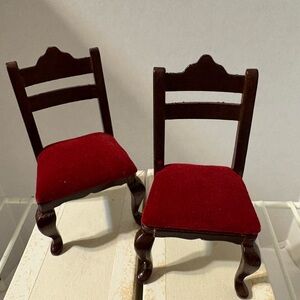 vintage dollhouse Queen Anne Leg kitchen straight chair red velvet cushion set 2